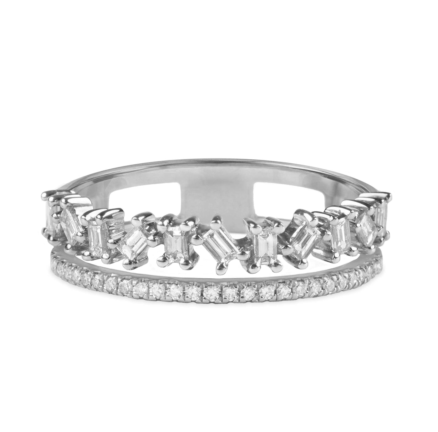 Two Row Jagged Baguette & Pavé Diamond Ring