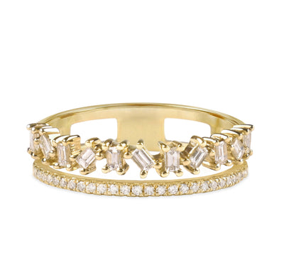 Two Row Jagged Baguette & Pavé Diamond Ring